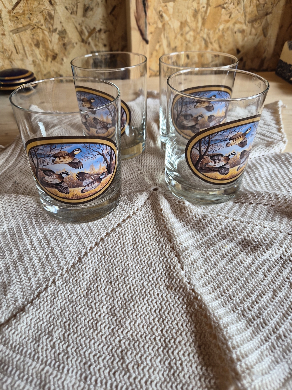 Vintage Set Of 4 Ned Smith Bobwhite Quail lowball whiskey glasses